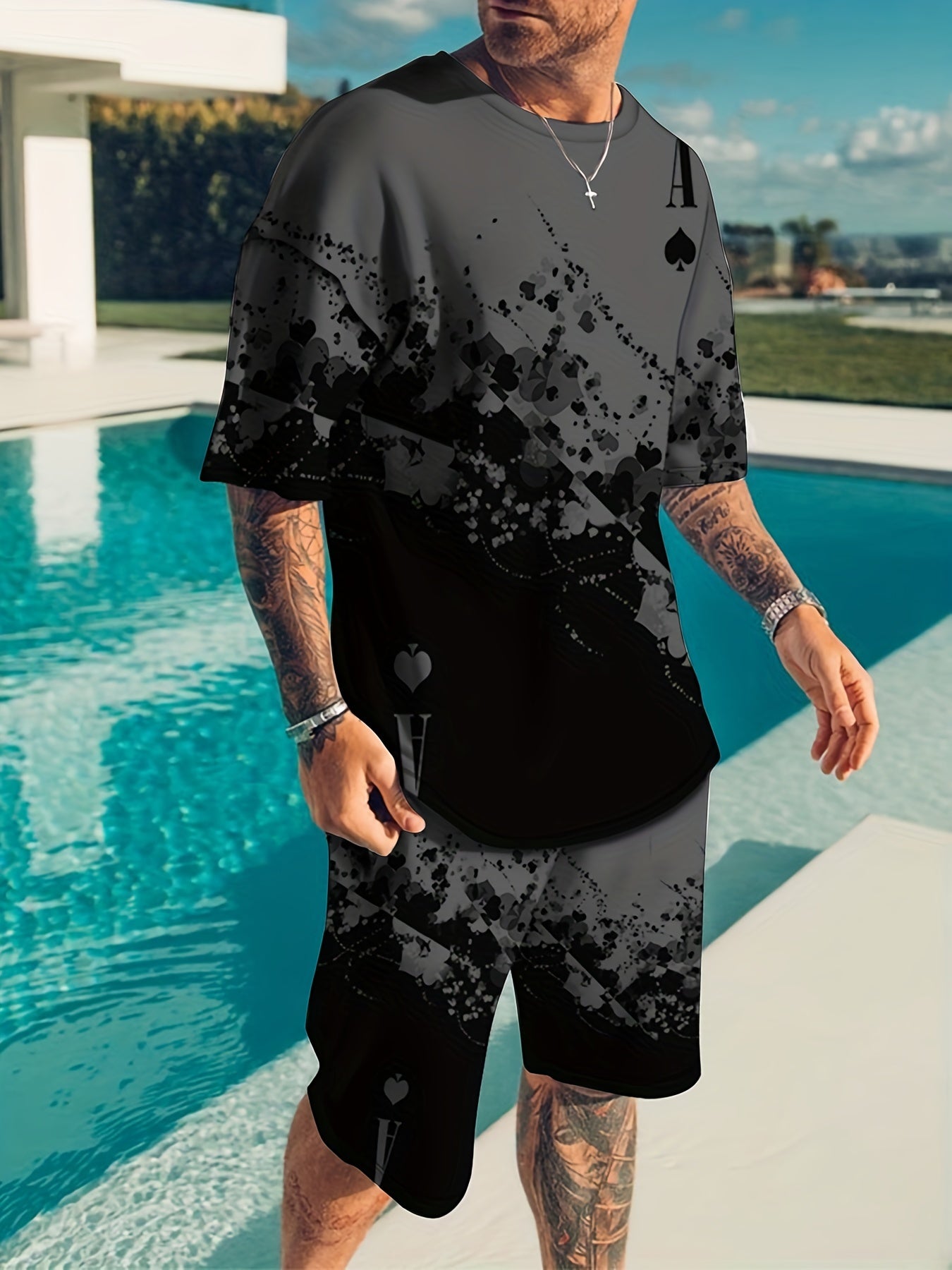 gbolsos   Creative Poker Suits Pattern Print, Men's 2Pcs Outfits, Casual Crew Neck Short Sleeve T-shirt And Drawstring Shorts Set For Summer, Men's Clothing Loungewear Streetwear