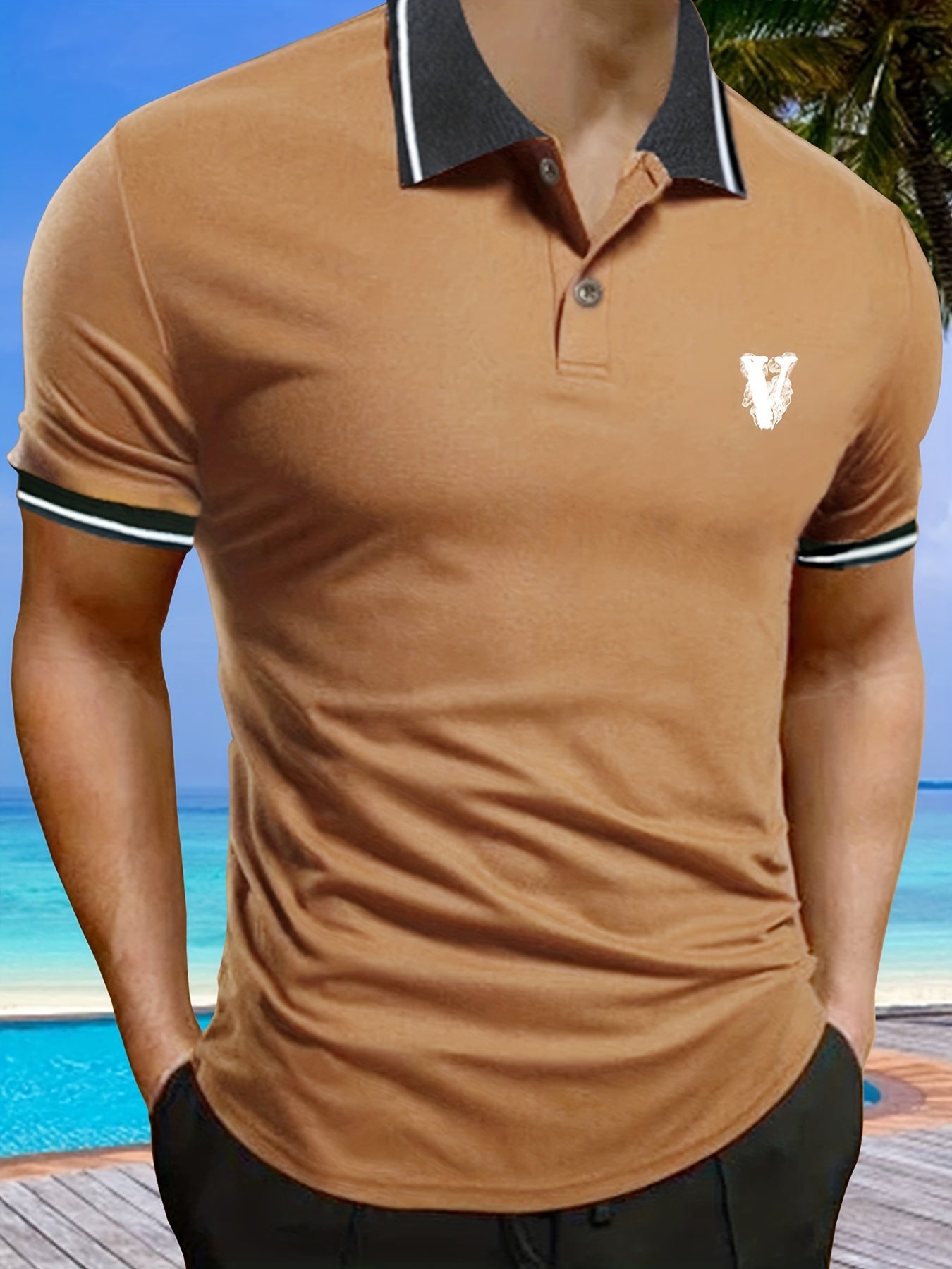 Casual Short Sleeves Button Up Graphic Polo Shirts, V-neck Tops Pullovers, Men's Clothing For Summer