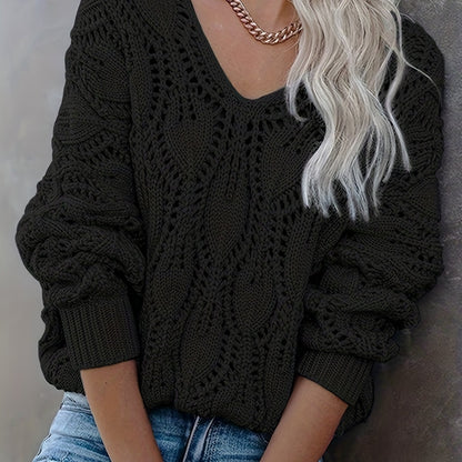 Cut Out V Neck Sweater, Casual Long Sleeve Sweater For Fall & Winter, Women's Clothing