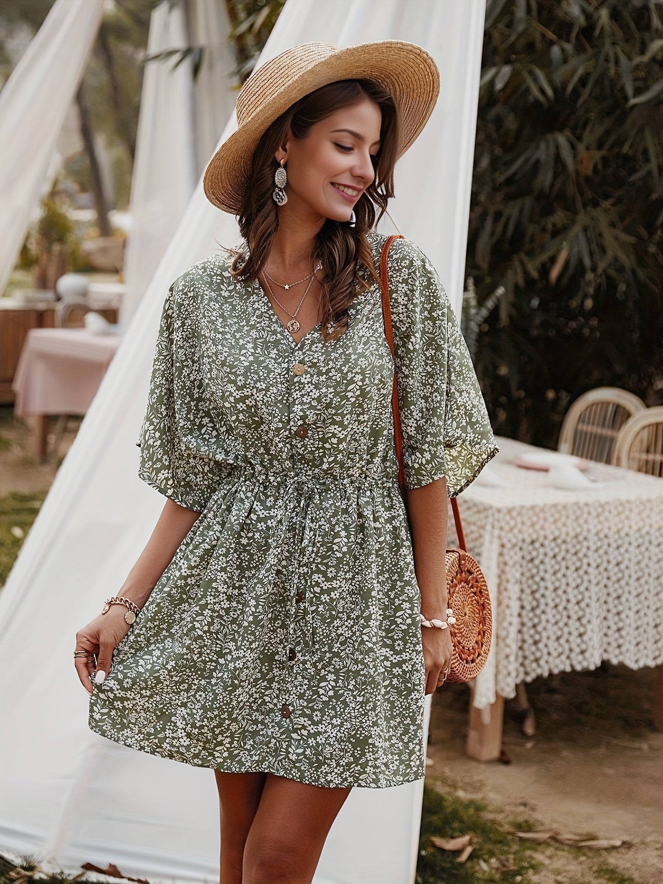 Floral Print V Neck Button Front Dress, Casual Loose Sleeve Dress For Summer, Women's Clothing