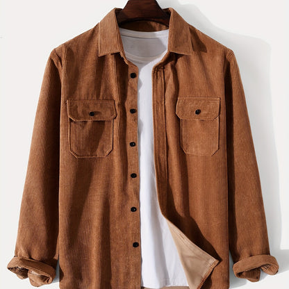 gbolsos  Men's Retro Corduroy Shirt Top Turn-Down Collar Long Sleeve Closure Regular Fit Solid Male Casual Shirt For Daily