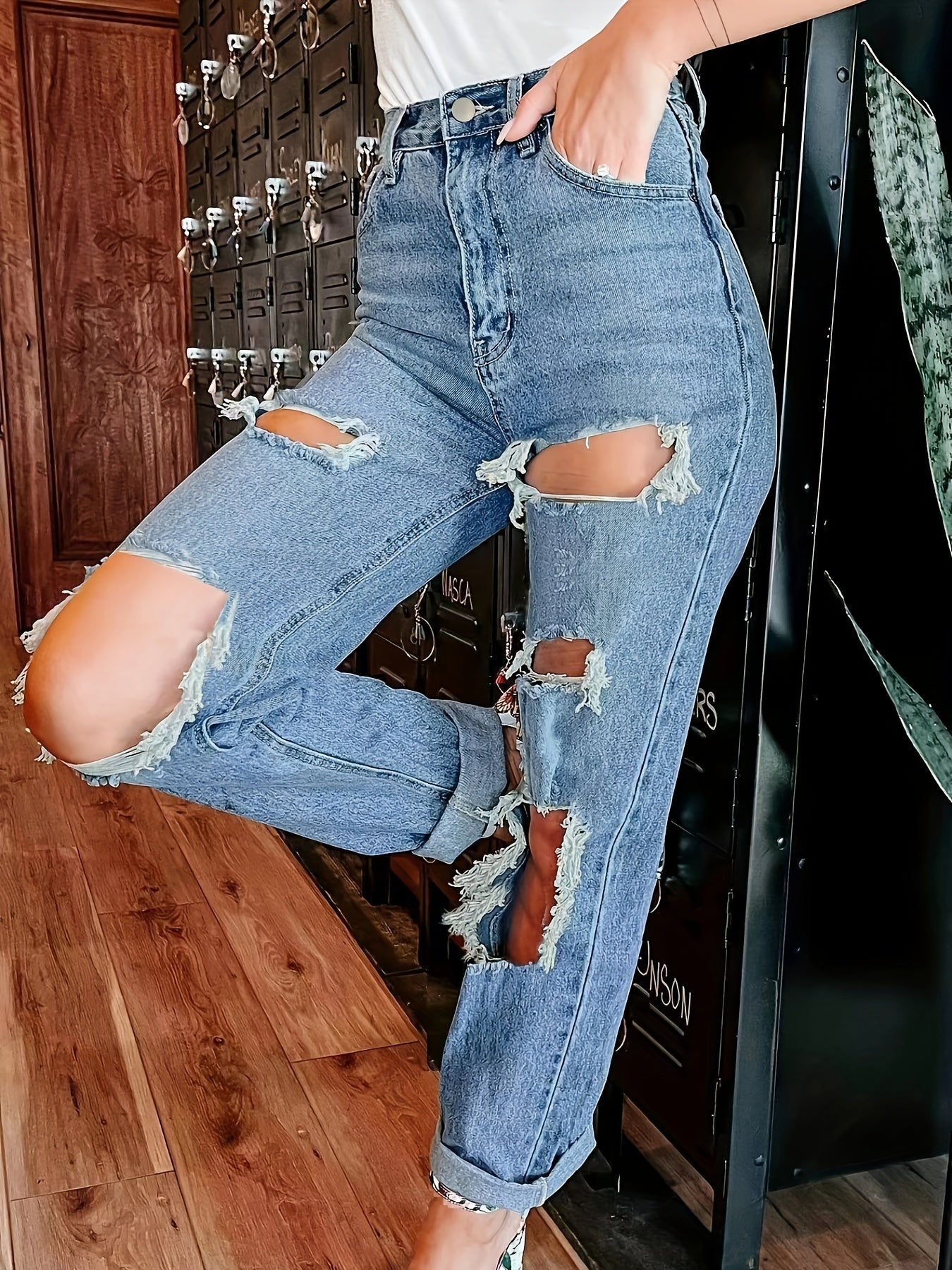 gbolsos  Blue Ripped Holes Straight Jeans, Non-Stretch Distressed Street Style Chic Denim Pants, Women's Denim Jeans & Clothing