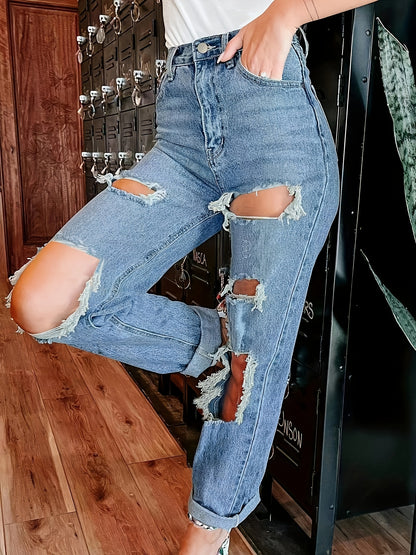 gbolsos  Blue Ripped Holes Straight Jeans, Non-Stretch Distressed Street Style Chic Denim Pants, Women's Denim Jeans & Clothing