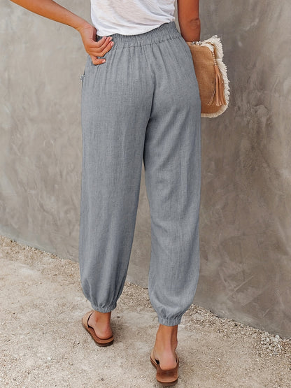 gbolsos  Solid Ruched Pants, Casual Elastic High Waist Cropped Pants With Pockets, Women's Clothing