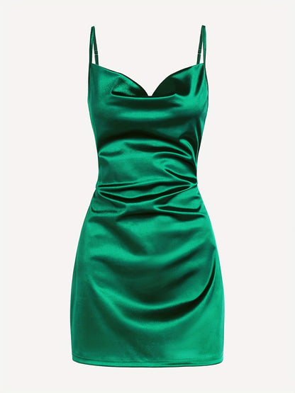 Solid Cowl Neck Spaghetti Dress, Sexy Tie Back Bodycon Cami Dress For Summer, Women's Clothing