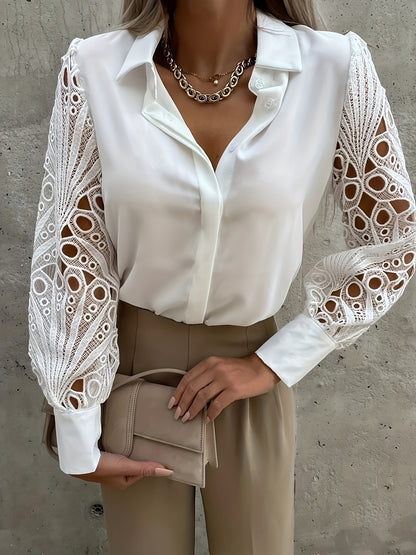 2025 elveswallet  Women's V-Neck Casual Blouse Lace Long Sleeve Shirt Lantern Sleeve Top Work Button T-Shirt