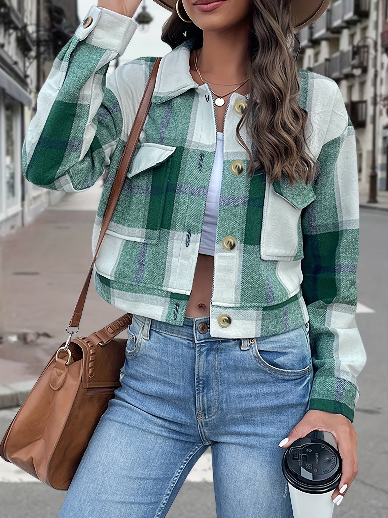 gbolsos  Plaid Print Button Front Jacket, Casual Long Sleeve Outerwear With Pocket, Women's Clothing
