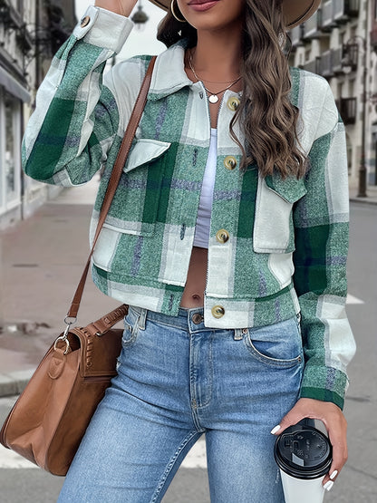 gbolsos  Plaid Print Button Front Jacket, Casual Long Sleeve Outerwear With Pocket, Women's Clothing