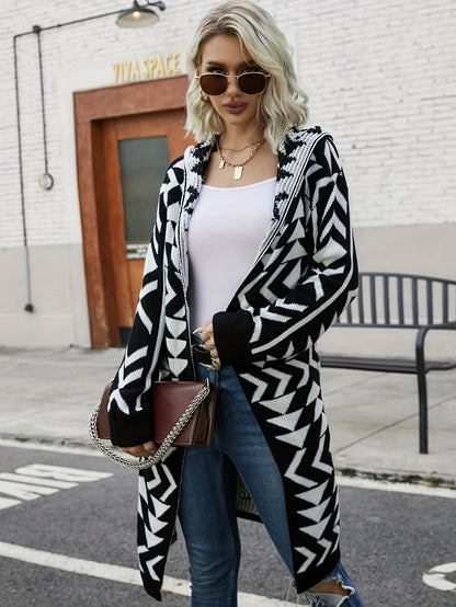 Geometric Pattern Open Front Hooded Cardigan, Casual Long Sleeve Long Length Cardigan For Fall & Winter, Women's Clothing