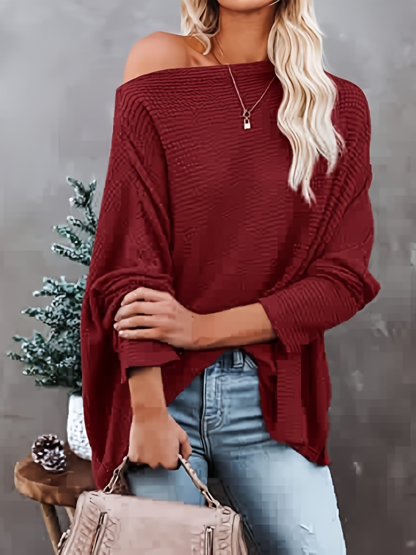 gbolsos  Women's Casual Off Shoulder Bat Long Sleeve Waffle Knitted Oversized Pullover Sweater, Casual Tops For Fall & Winter, Women's Clothing
