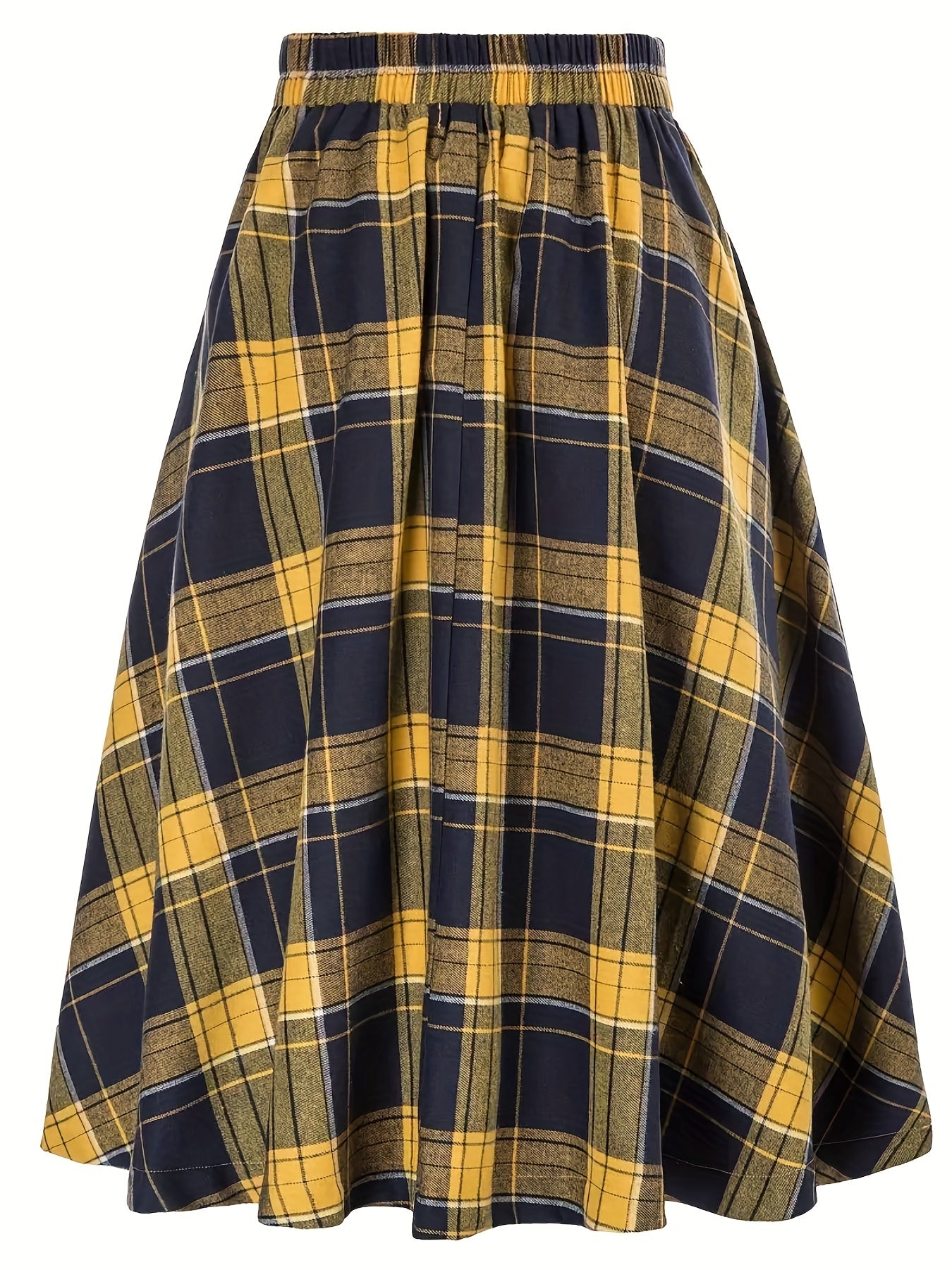 gbolsos  Plus Size Grunge Skirt, Women's Plus Plaid Print Button Decor Elastic Ruffle Skirt