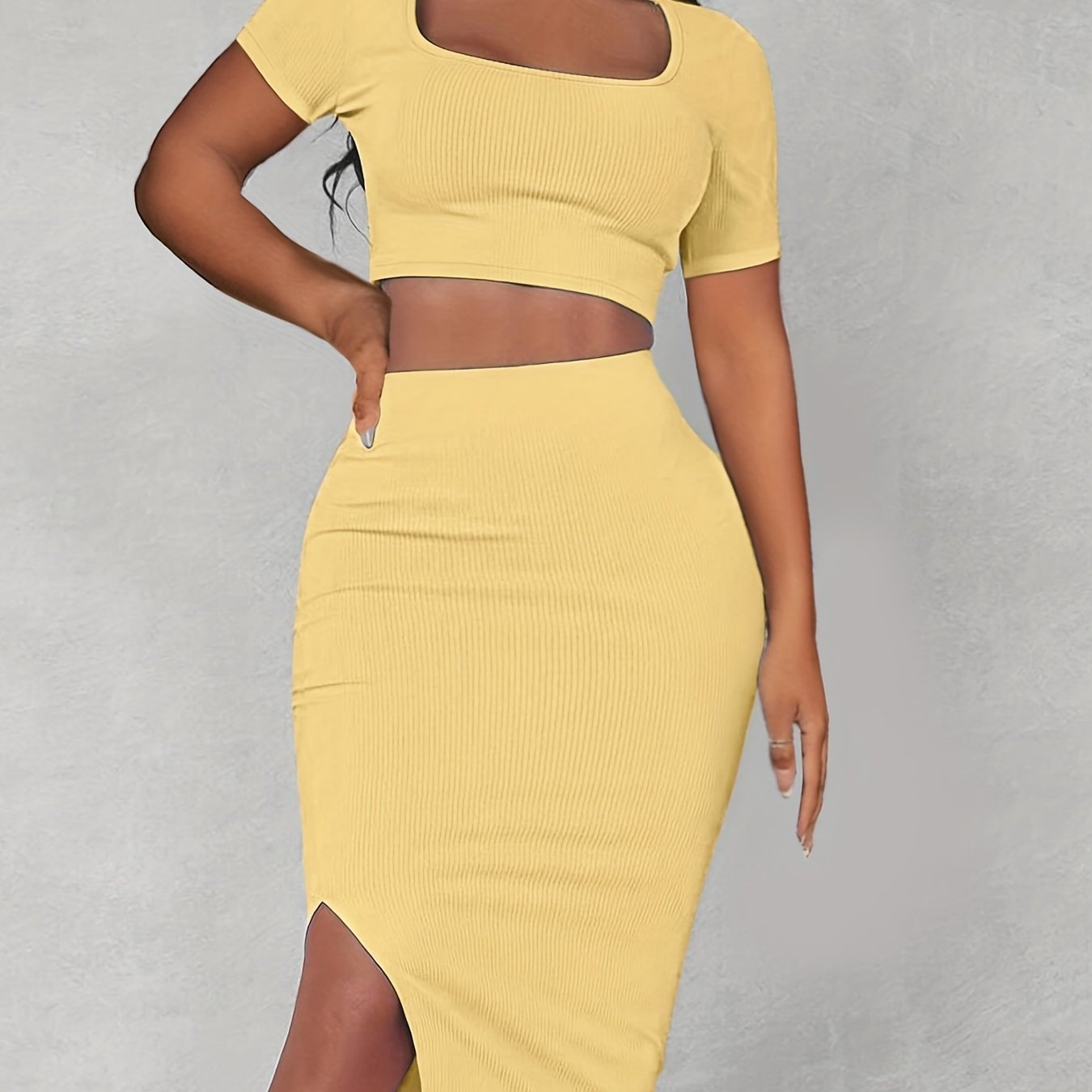 gbolsos  Sexy Matching Two-piece Skirt Set, Square Neck Crop Top & Split Bodycon Skirt Outfits, Women's Clothing