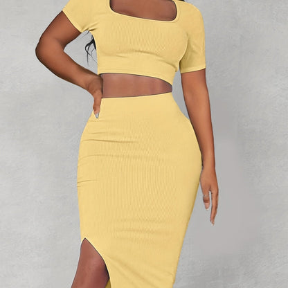 gbolsos  Sexy Matching Two-piece Skirt Set, Square Neck Crop Top & Split Bodycon Skirt Outfits, Women's Clothing