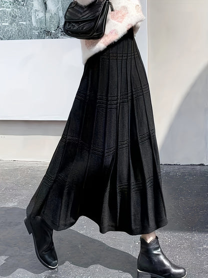 gbolsos  Solid Color Knit Tucked Skirt, Casual Ankle Length Skirt For Fall & Winter, Women's Clothing