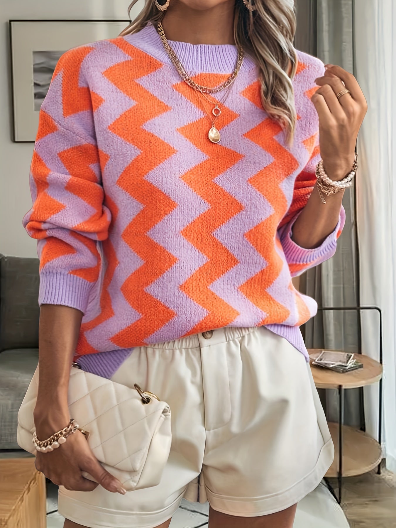 gbolsos  Striped Crew Neck Pullover Sweater, Casual Long Sleeve Fall Winter Sweater, Women's Clothing