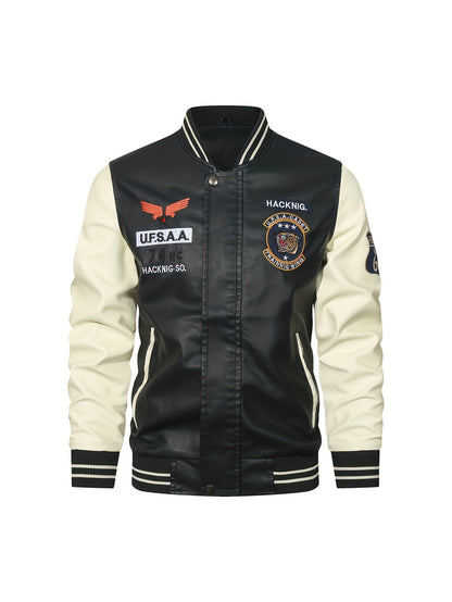 gbolsos  Men's Casual Pockets "R" Print Zipper Long Sleeves Baseball Collar PULeather Jacket