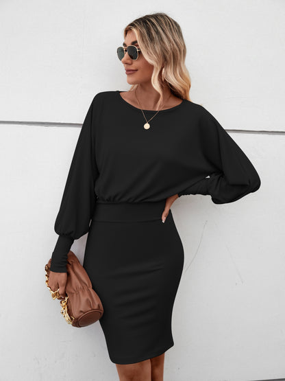 Solid Cinched Waist Bodycon Dress, Elegant Lantern Sleeve Dress For Spring & Fall, Women's Clothing