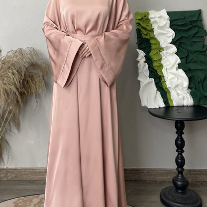 Solid Maxi Kaftan Abaya, Modest Crew Neck Long Sleeve Abaya, Women's Clothing
