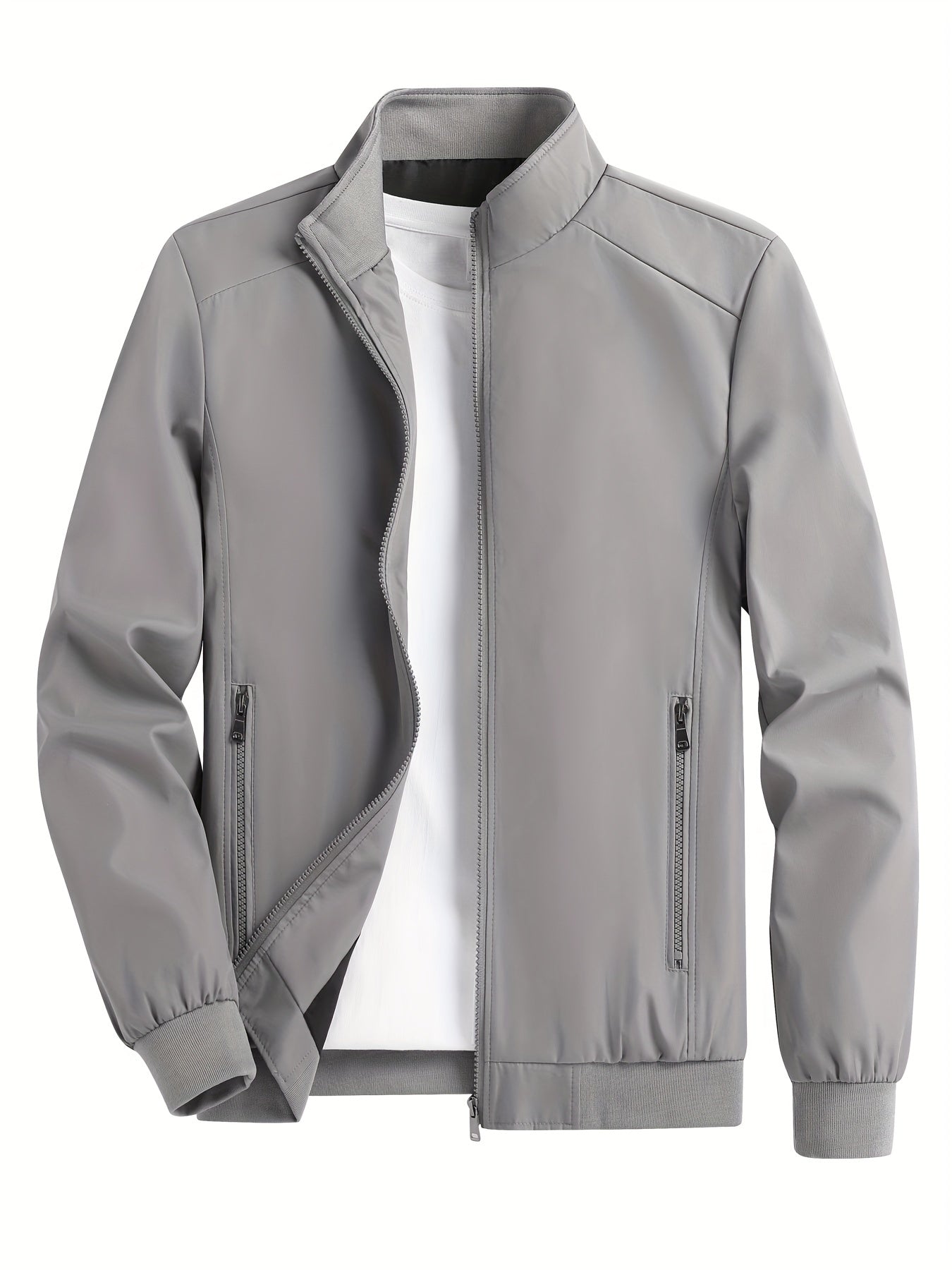 gbolsos  Men's Solid Color Zip-Up Stand Collar Jacket, Casual Loose Windbreaker Jacket For Sports Outdoors, Running