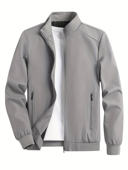 gbolsos  Men's Solid Color Zip-Up Stand Collar Jacket, Casual Loose Windbreaker Jacket For Sports Outdoors, Running