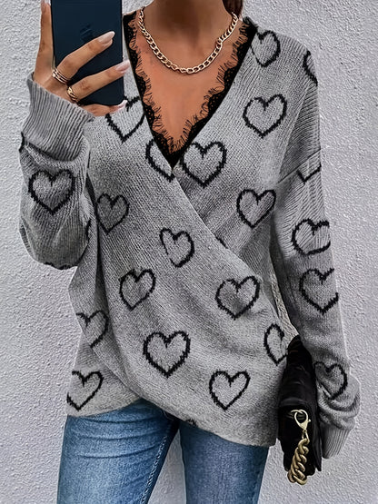 gbolsos  Heart Pattern Lace V Neck Pullover Sweater, Elegant Cross Front Long Sleeve Sweater For Fall & Winter, Women's Clothing