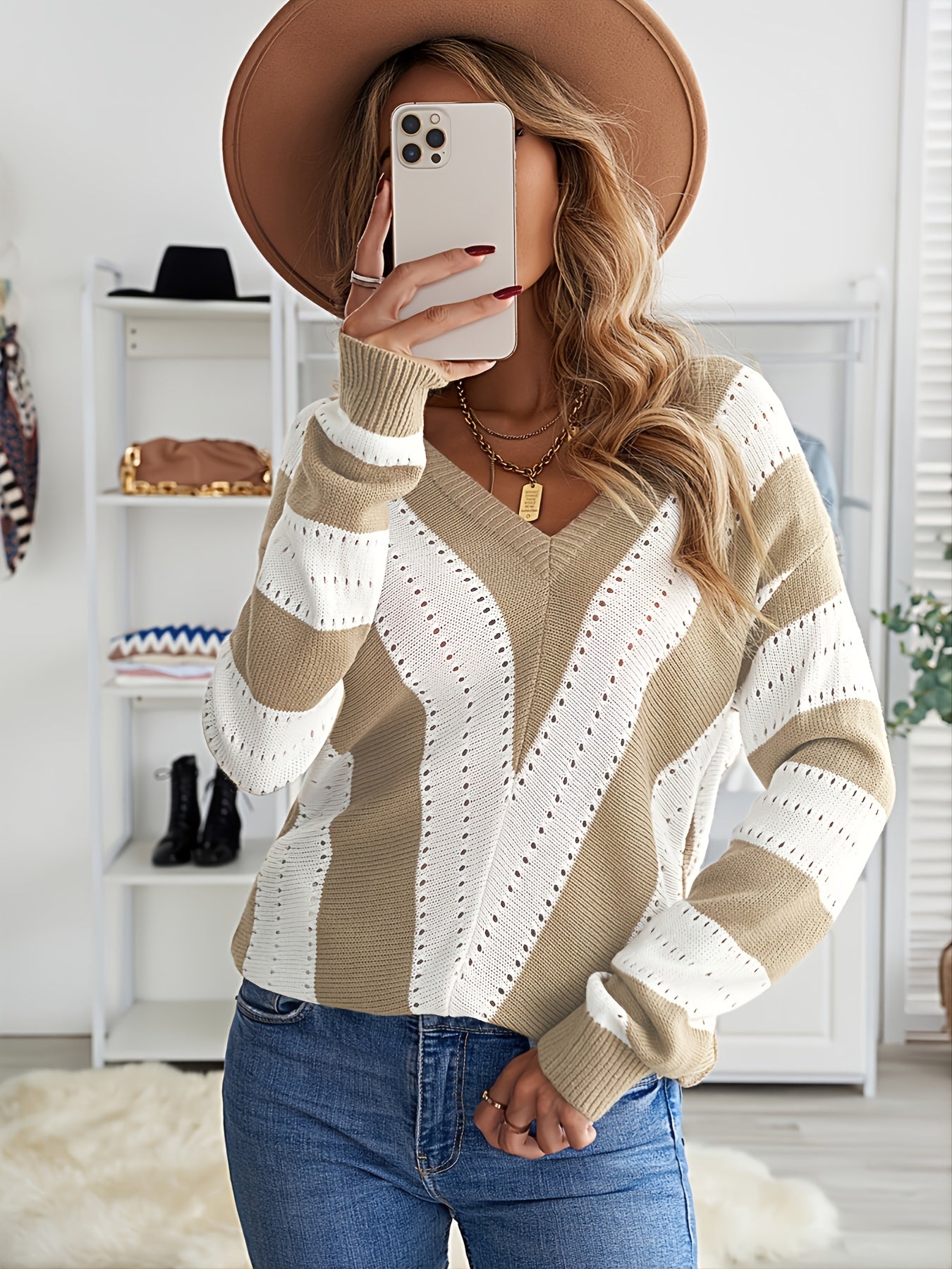 2025 gbolsos  Women's Sweater Striped Colorblock V-Neck Knit Sweater