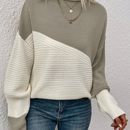 gbolsos  Color Block Loose Pullover Sweater, Elegant Long Sleeve Drop Shoulder Sweater, Women's Clothing