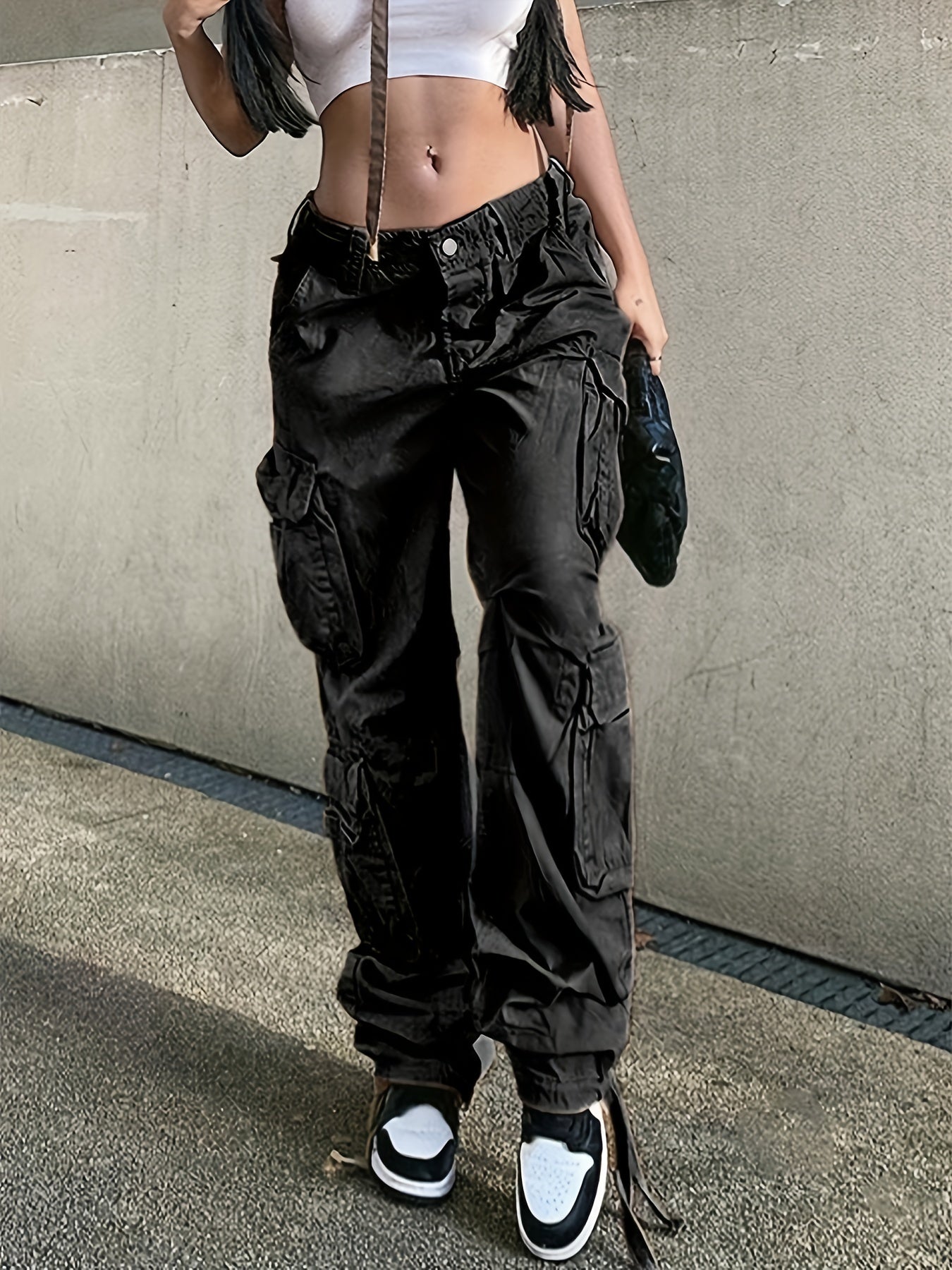 gbolsos  Retro Baggy Cargo Pants, Casual High Waist Big Pockets Straight Wide Leg Denim Pants, Y2K Kpop Vintage Style, Women's Denim Jeans & Clothing