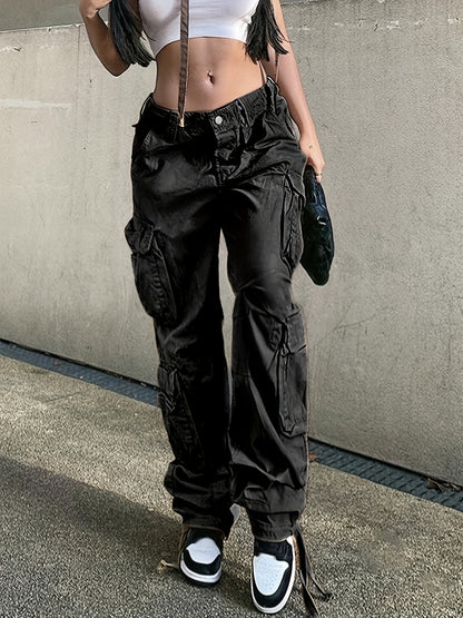 gbolsos  Retro Baggy Cargo Pants, Casual High Waist Big Pockets Straight Wide Leg Denim Pants, Y2K Kpop Vintage Style, Women's Denim Jeans & Clothing
