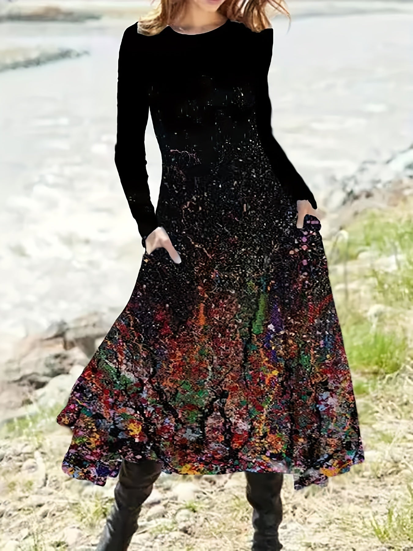 gbolsos  Abstract Print Long Sleeve Dress, Casual Crew Neck A-line Dress For Fall & Winter, Women's Clothing