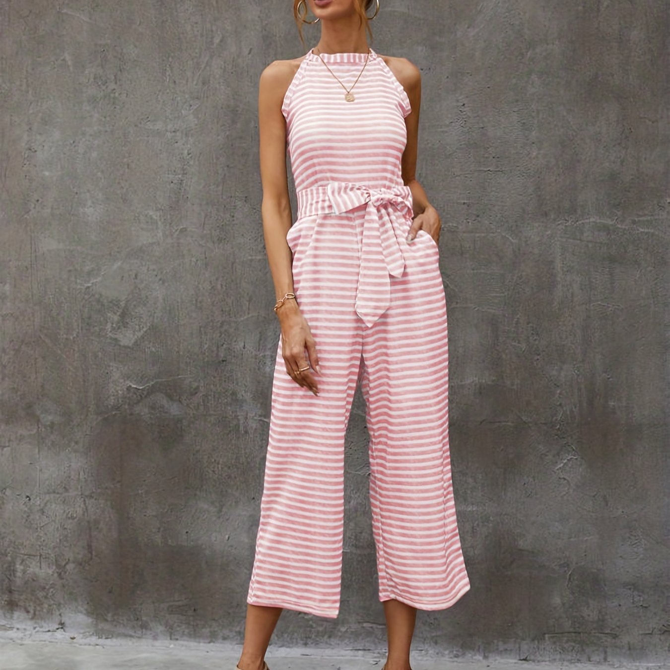 gbolsos  Striped Wide Leg Tie Front Jumpsuit, Boho Sleeveless Jumpsuit For Spring & Summer, Women's Clothing