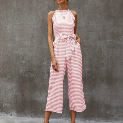 gbolsos  Striped Wide Leg Tie Front Jumpsuit, Boho Sleeveless Jumpsuit For Spring & Summer, Women's Clothing