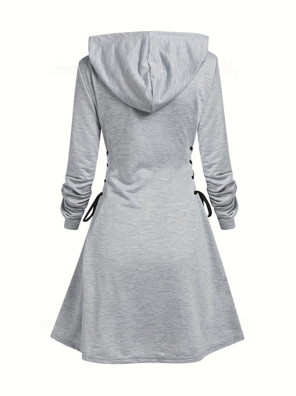 Drawstring Lace Up Hooded Dress, Casual Long Sleeve Solid Dress, Women's Clothing