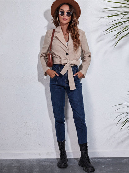 gbolsos  Women's Outerwear Solid Belt Casual Corduroy Lapel Neck Long Sleeve Crop Jacket