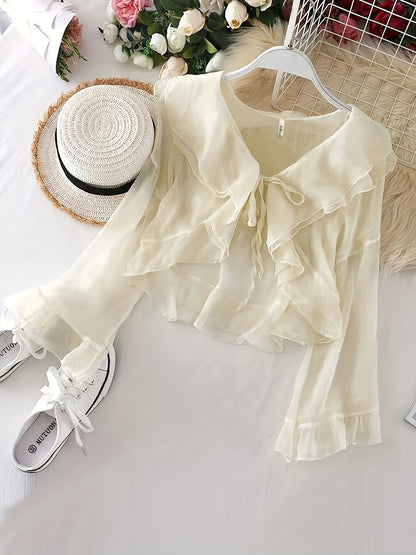 gbolsos  Ruffle Layered Blouse, Elegant Tie Front Long Flared Sleeve Blouse, Women's Clothing