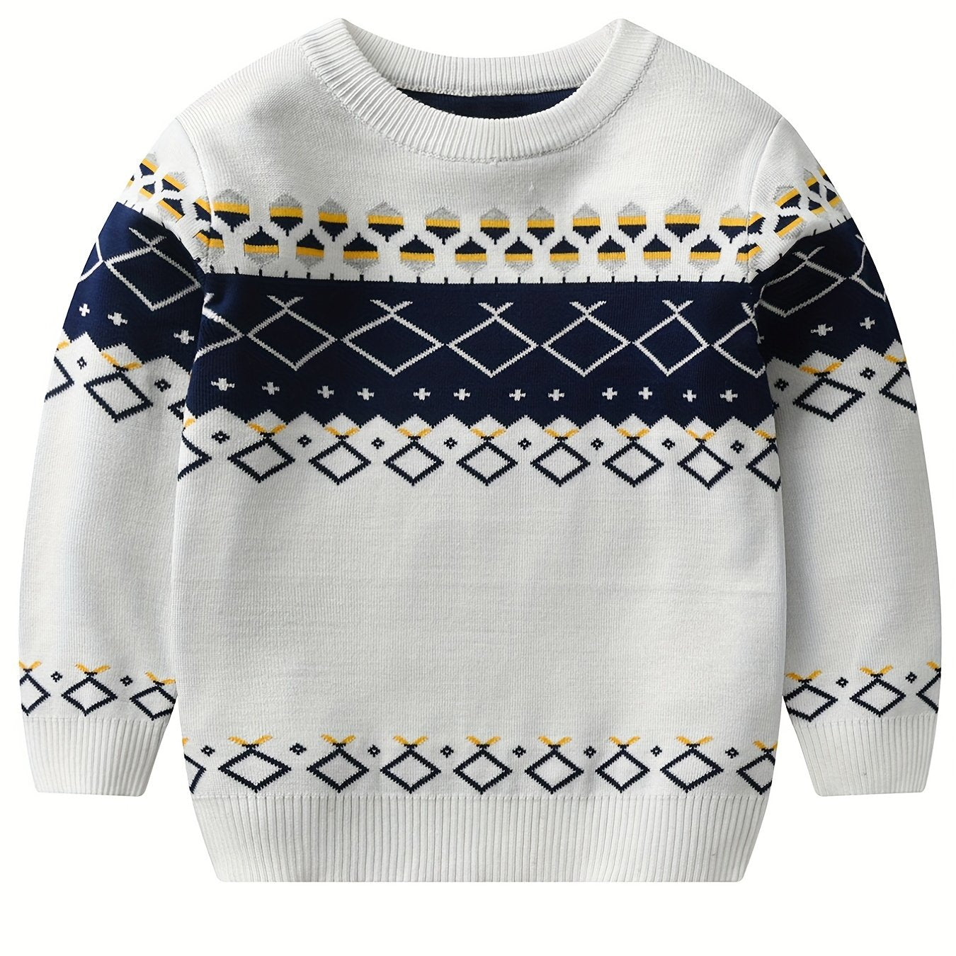 Boys Stylish Geometric Sweater Round Neck Long Sleeve Stretch Warm Knit Pullover Top Kids Clothes Outdoor