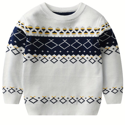 Boys Stylish Geometric Sweater Round Neck Long Sleeve Stretch Warm Knit Pullover Top Kids Clothes Outdoor