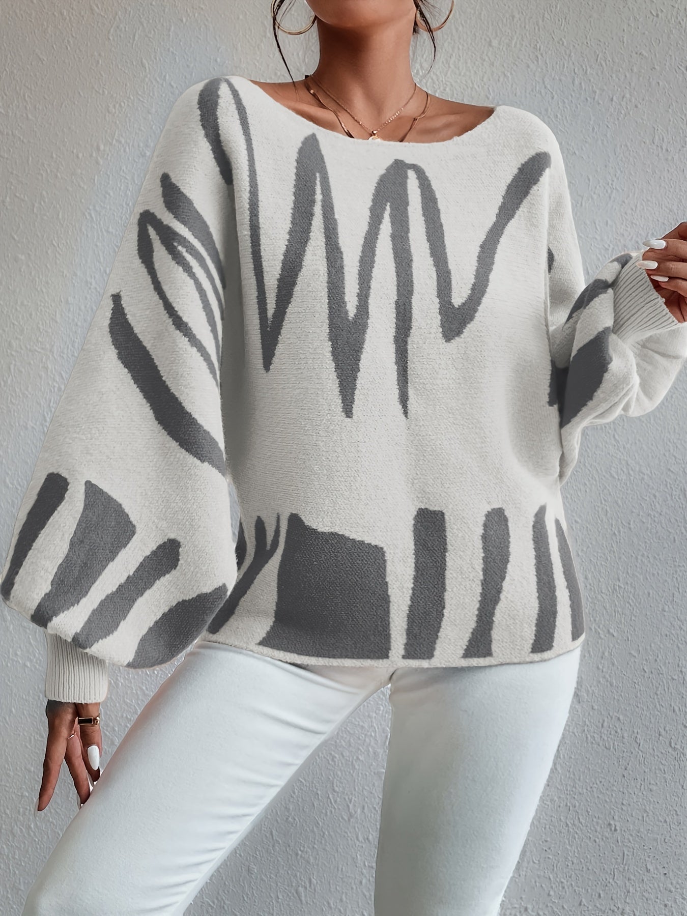 gbolsos  Graphic Pattern Boat Neck Pullover Sweater, Elegant Lantern Sleeve Oversized Sweater, Women's Clothing