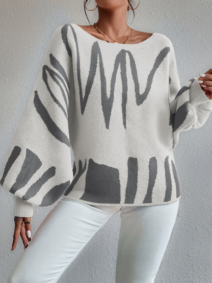gbolsos  Graphic Pattern Boat Neck Pullover Sweater, Elegant Lantern Sleeve Oversized Sweater, Women's Clothing