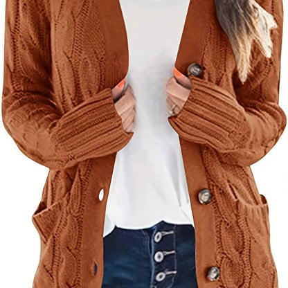 Cable Knit Button Front Cardigan, Casual Solid Long Sleeve Cardigan For Fall & Winter, Women's Clothing