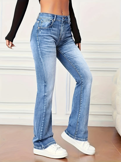 gbolsos  Washed Mid-Stretch Bootcut Jeans, Slant Pockets Versatile Denim Pants, Women's Denim Jeans & Clothing
