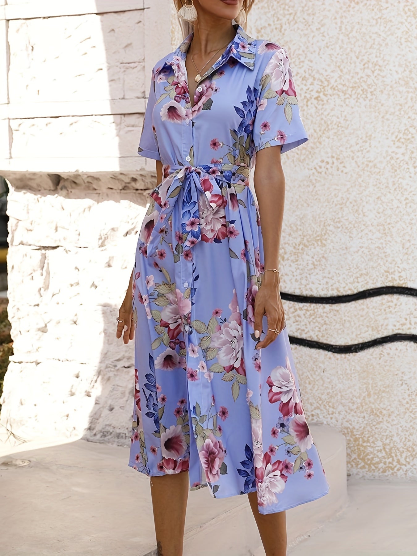 gbolsos  Floral Print Shirt Dress, Boho Button Front Short Sleeve Dress, Women's Clothing