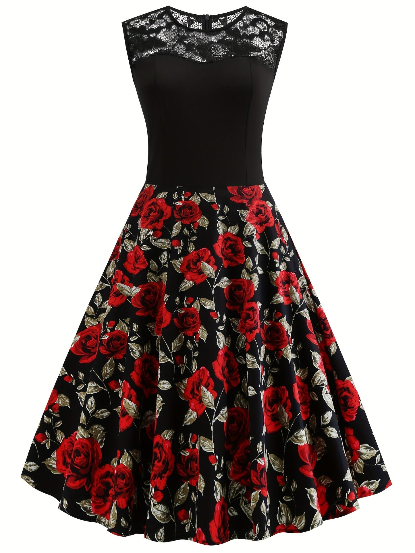 2025 gbolsos  Women's Dresses Contrast Lace Vintage Dark Peony Print Sleeveless Dress