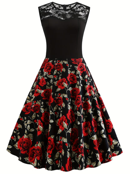 2025 gbolsos  Women's Dresses Contrast Lace Vintage Dark Peony Print Sleeveless Dress