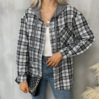 gbolsos  Hooded Plaid Print Blouse, Casual Button Front Drawstring Long Sleeve Blouse, Women's Clothing