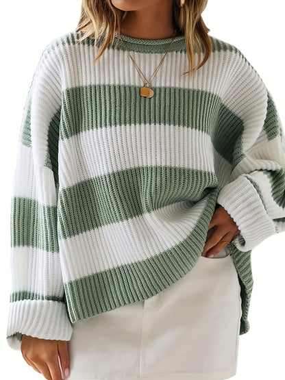 gbolsos   Plus Size Casual Sweater, Women's Plus Colorblock Eyelet Embroidered Long Sleeve Round Neck Pullover Sweater