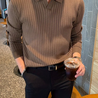 gbolsos Chic Knit Polo Shirt, Men's Casual Stylish Lapel Middle Stretch V-Neck Pullover Sweater For Winter Autumn