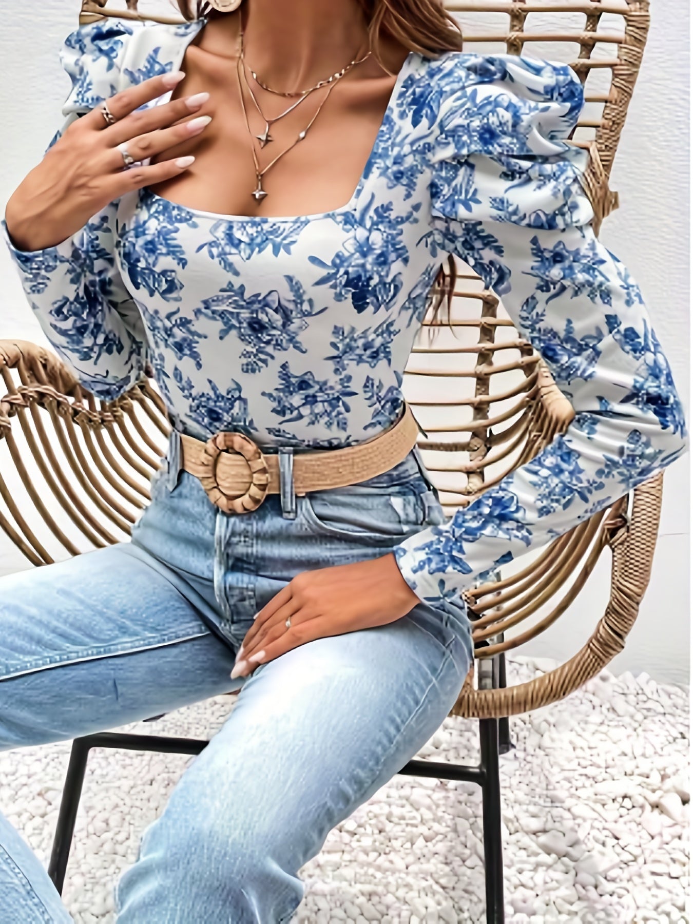 gbolsos  Floral Print Square Neck T-Shirt, Casual Long Puff Sleeve Top For Spring & Fall, Women's Clothing