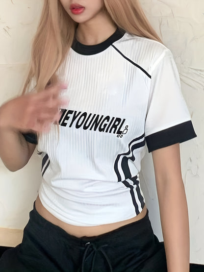 gbolsos  Street Letter Printing Casual T-shirt, Fashion Contrast Color Striped Short Sleeves, Women's Summer Tops
