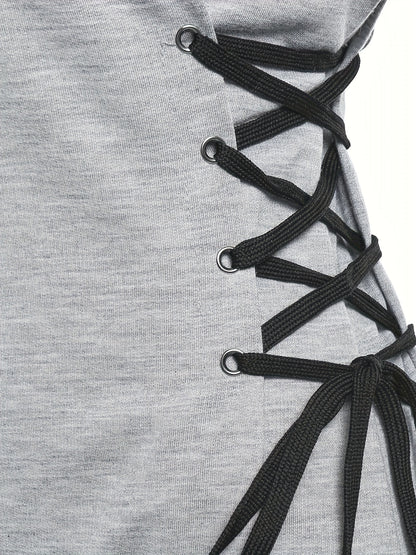 Drawstring Lace Up Hooded Dress, Casual Long Sleeve Solid Dress, Women's Clothing